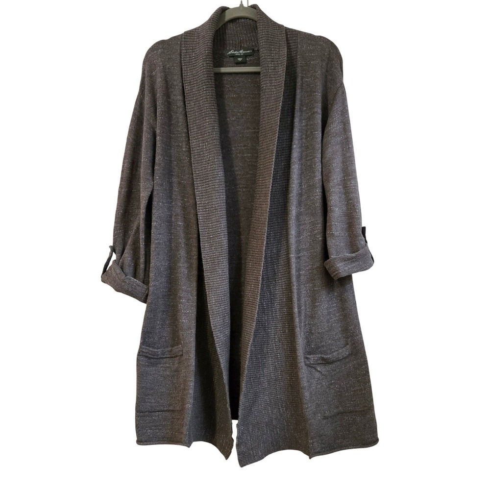 Boho, Cozy Eddie Bauer Women's M Brown Marl 100% Cotton Open Front Cardigan